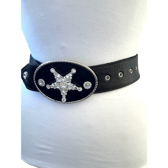 Michelle Monroe Black Leather Belt Swarovski Crystals Star Western Buckle Cowboy - Picture 5 of 7